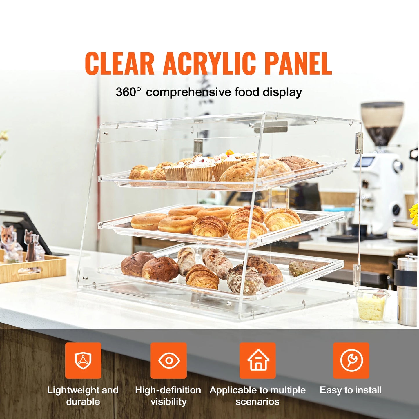 SucceBuy 3 Tier Clear Pastry Display Case Acrylic Commercial Countertop Bakery Display Case with Front and Rear Door for Bread