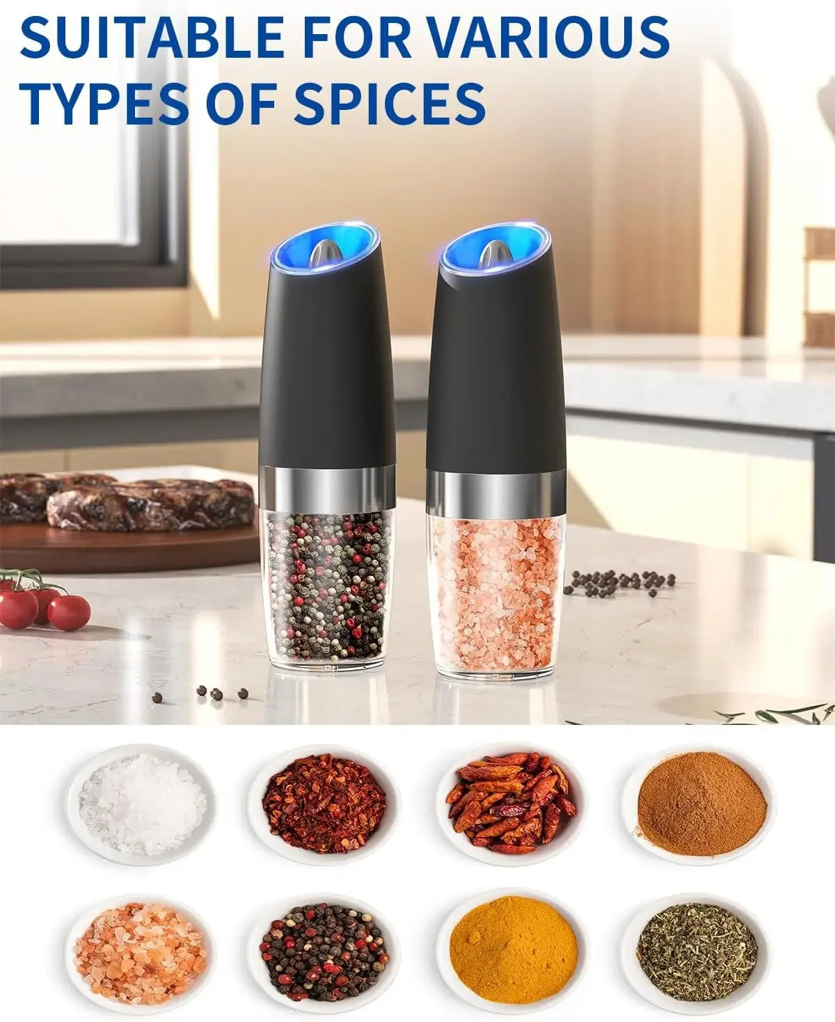 Gravity Electric Salt and Pepper Grinder Set Automatic Salt and Pepper Grinder Set with LED Light, Battery Operated, Adjustable Coarseness, Large Capacity, for Home Kitchen BBQ, Black