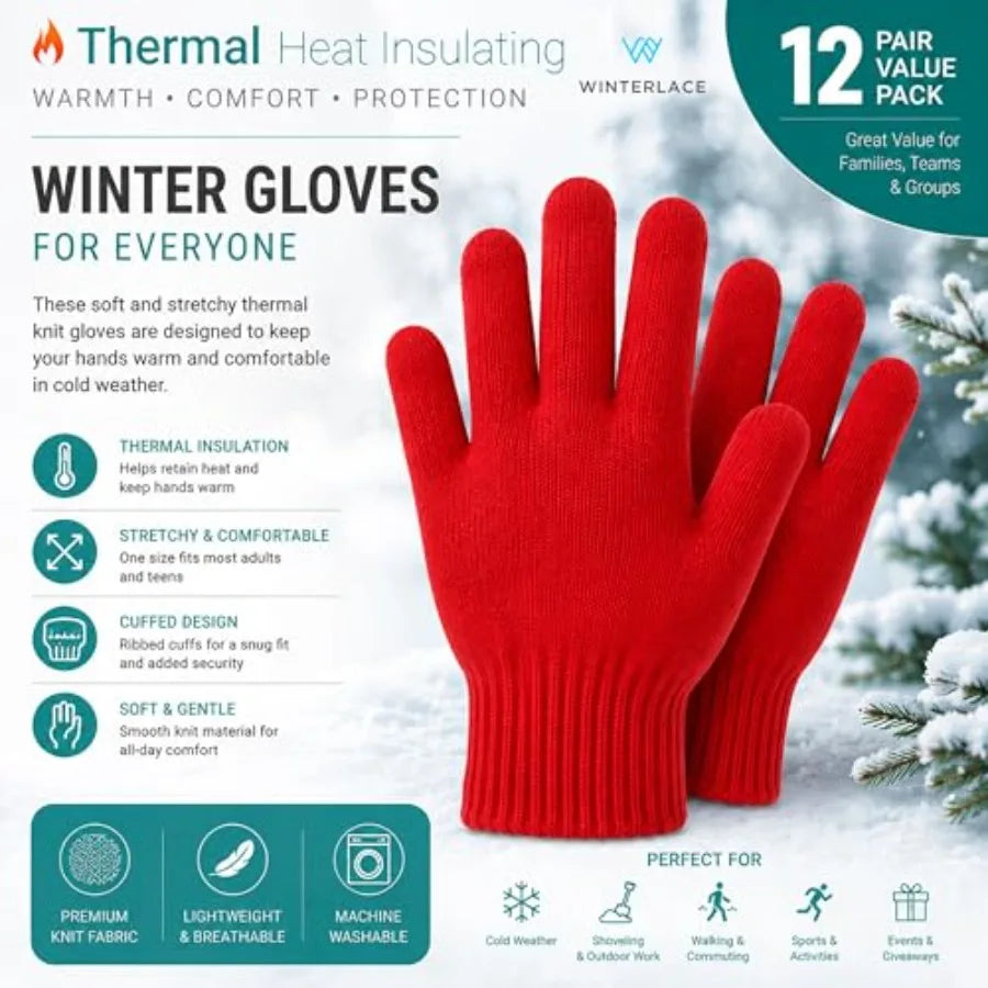 12 Pairs Winter Gloves, Adult Warm Knit Unisex Stretchy Bulk Pack Mens Womens Magic Glove