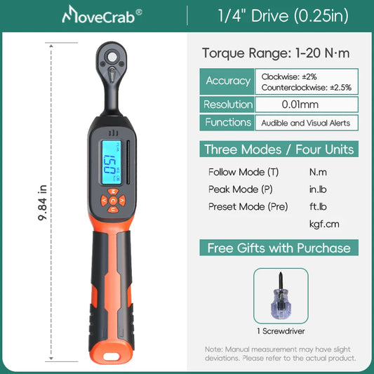 MOVECRAB Digital Torque Wrench 1-340N.m 2% Accuracy Preset & LED/Buzzer Alerts for Bike Motorcycles Automotive Mechanical Tool