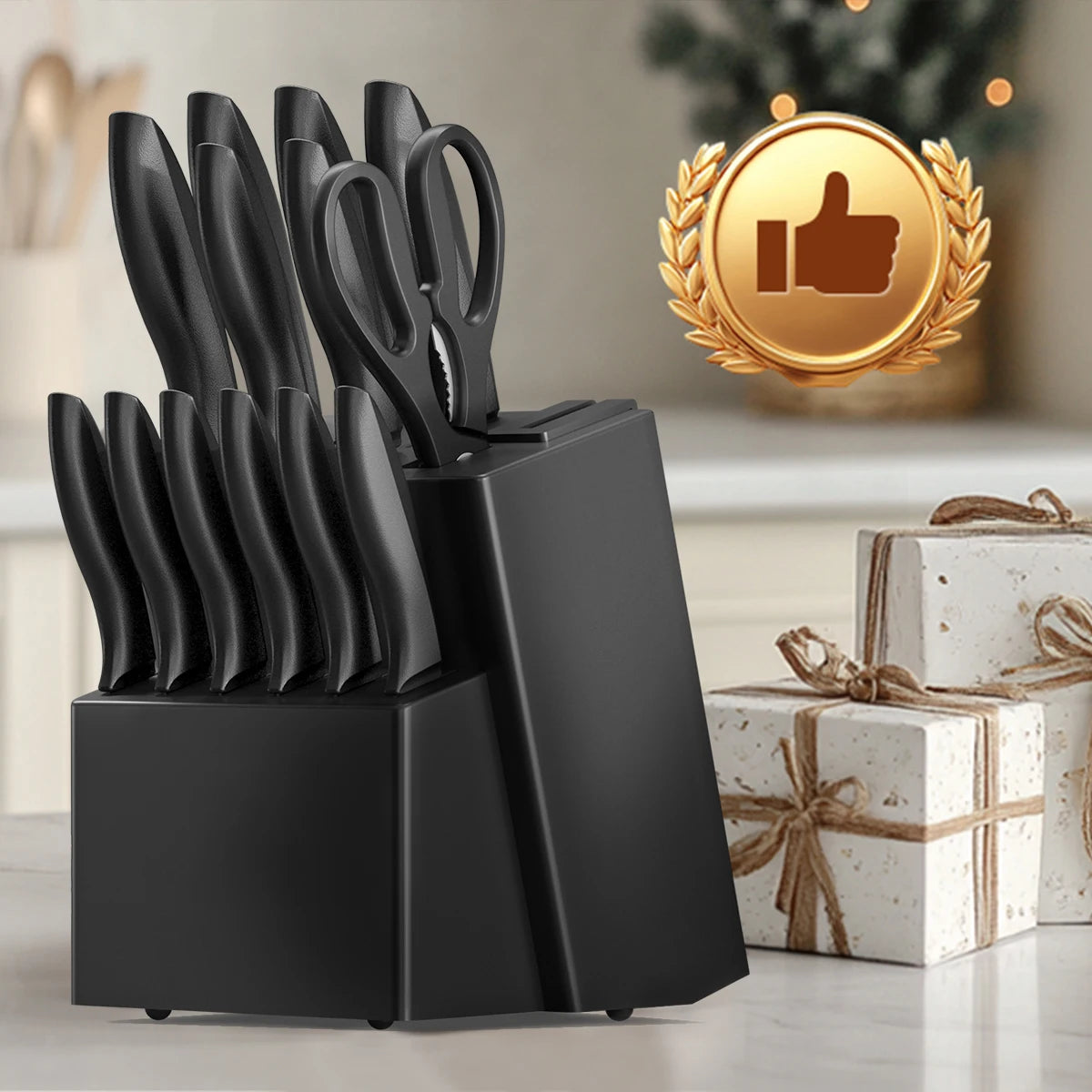 15Pcs Full Stainless Steel Kitchen Knife Set with Black Knife Block, All-in-one Hollow Handle Chef Knives Sharpener Scissor, Ultra Sharp Slicing Bread Steak Paring Knives Home Cooking Cutlery Gift Set