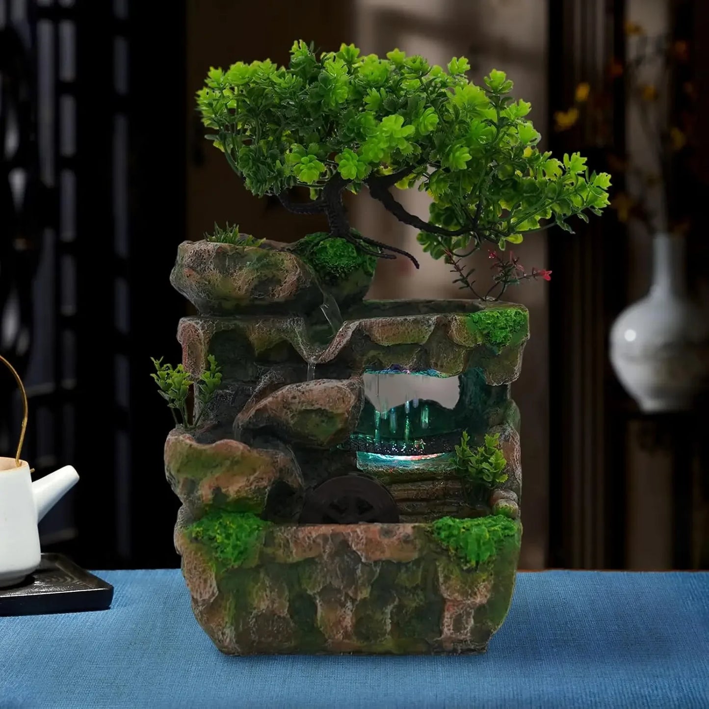 Tabletop Waterfall Fountain With LED Light For Home Office