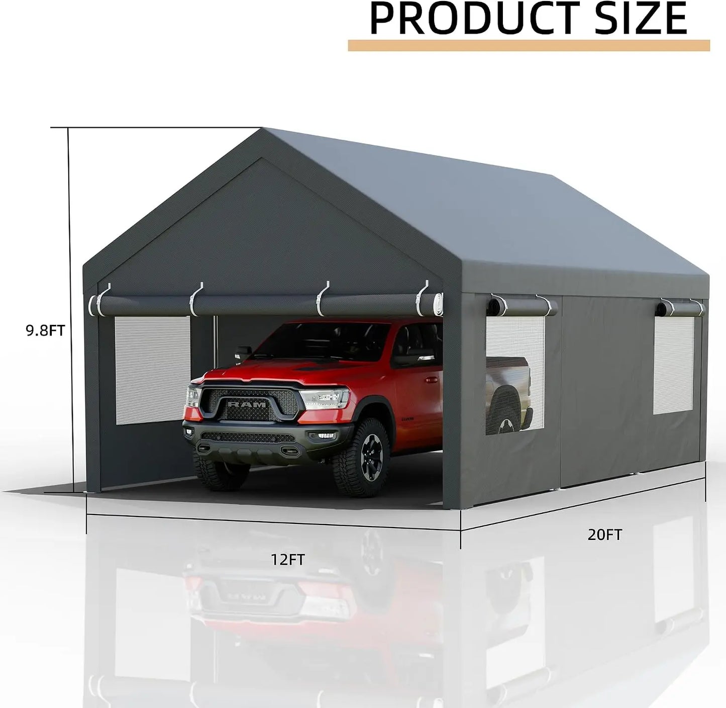 12x20 FT Heavy Duty Carport Canopy Portable Garage with Removable Side Walls Roll-Up Windows Sandbags All Season Waterproof Tarp for Cars Trucks Boats Grey
