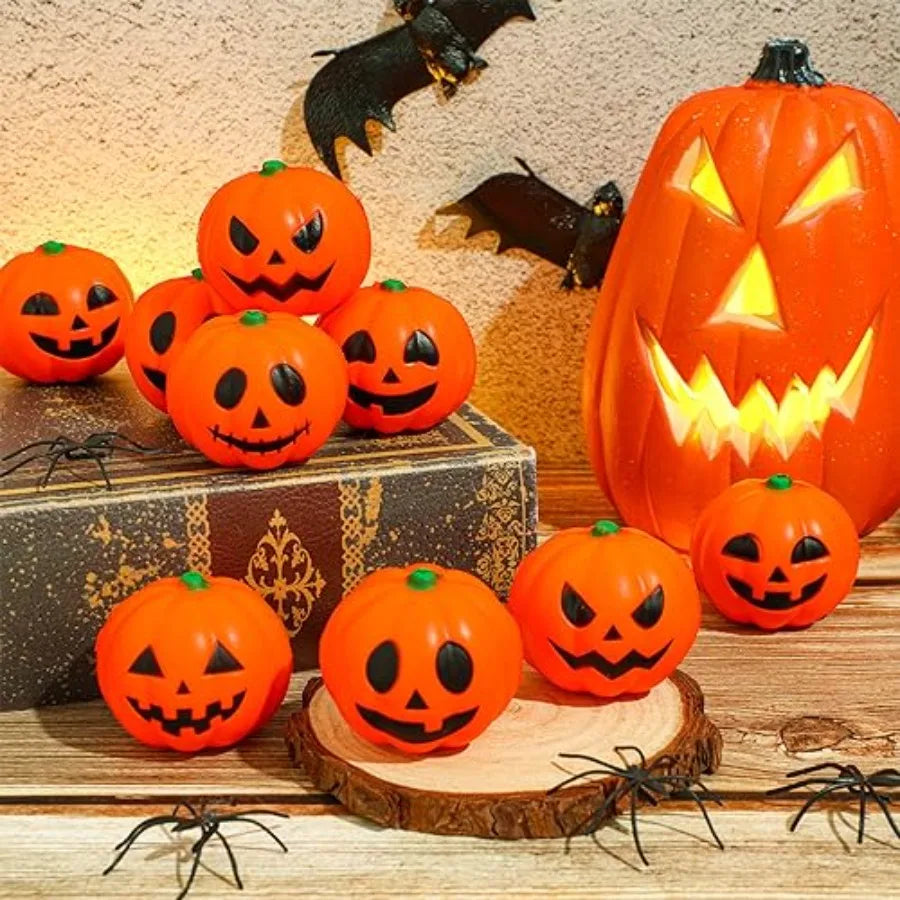 Halloween party favors: 2-inch pumpkin-shaped stress balls, foam material, orange color, soft squeeze relief for school carniva