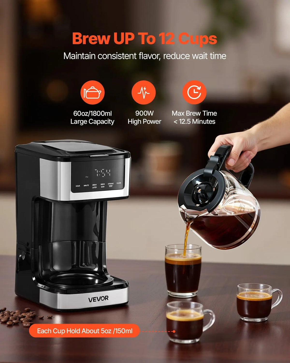 Programmable Coffee Maker, 12 Cup Programmable Drip Coffee Makers with Touch Screen, 4-Hour Keep Warm Coffee Makers Drips, 2 Brew Strengths Drip Coffee Machine for Home, 24-Hour Programmable