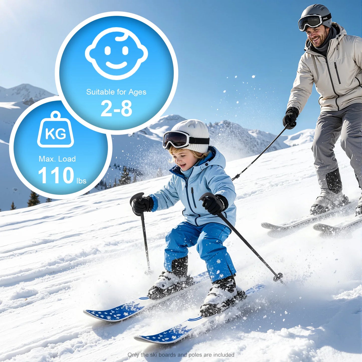 Kids Snow Sports Gear, Kids Skis and Poles, ABS PE Steel Blue 68cm 50kg Load Rounded Tip Kids Skis and Poles, Kids Skis and Poles 2-8 Years Old Beginner Snow Skiing Accessory