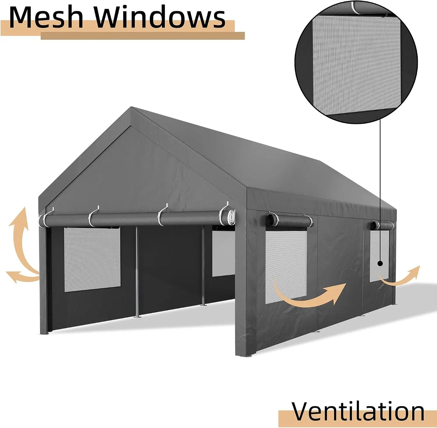 12x20 FT Heavy Duty Carport Canopy Portable Garage with Removable Side Walls Roll-Up Windows Sandbags All Season Waterproof Tarp for Cars Trucks Boats Grey