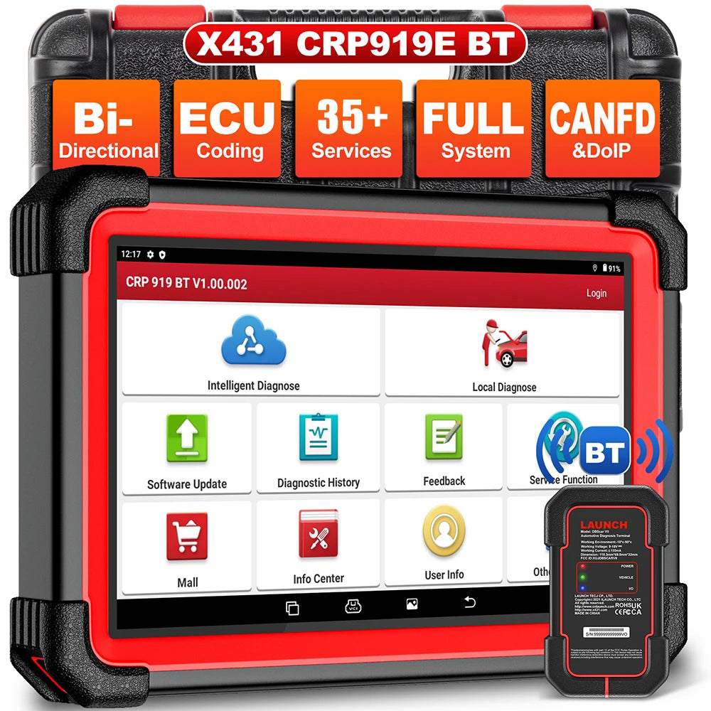 LAUNCH X431 CRP919E BT Car Diagnostic Tools CAN FD DOIP ALL Systems ECU Coding Bi-directional 35 Resets DBScar VII Auto Scanner