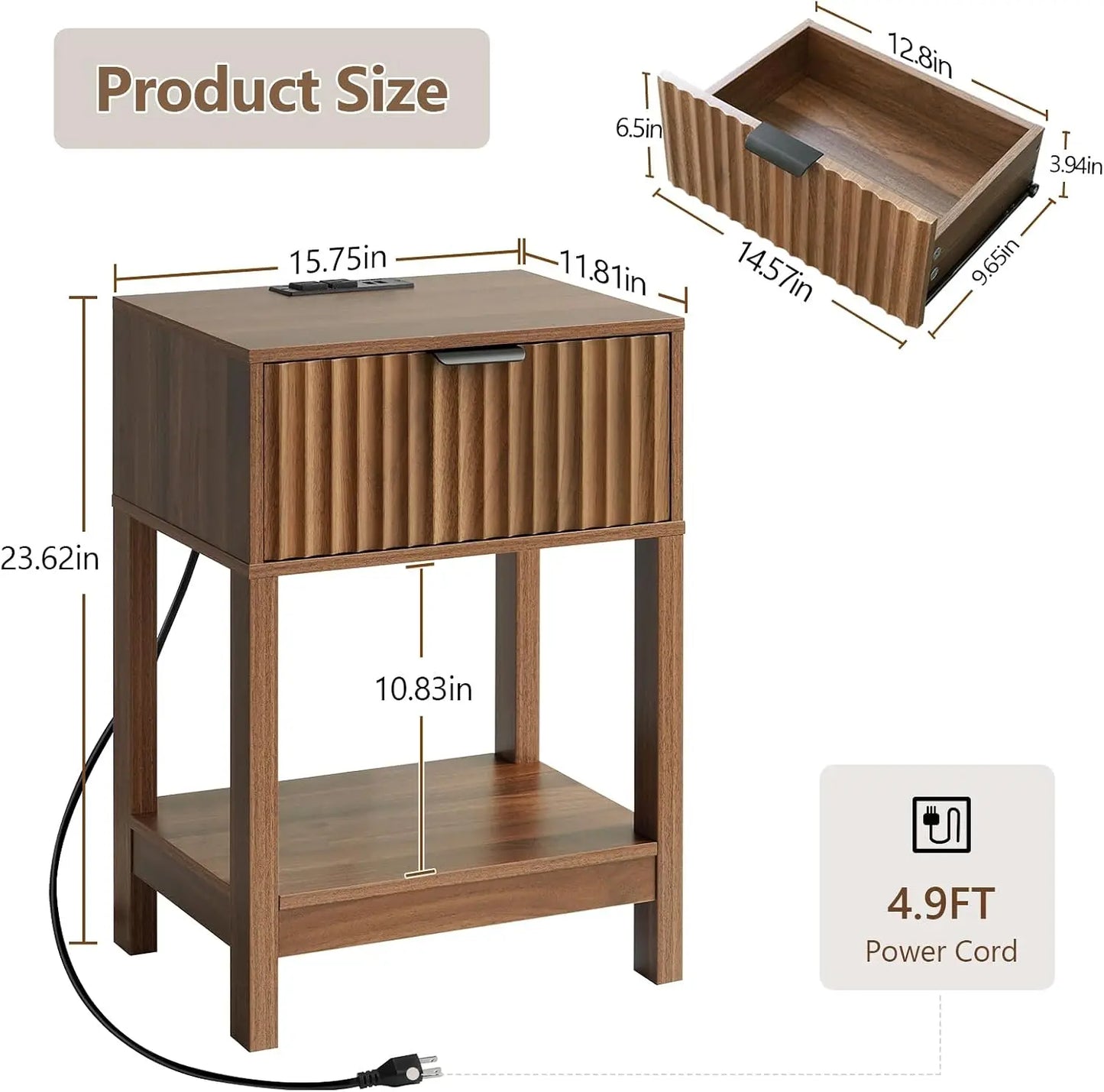 Fluted Nightstand Set 2 with Charging Station, Wood Bedside Table with Drawer & Shelf, Modern End Table for Bedroom, Walnut