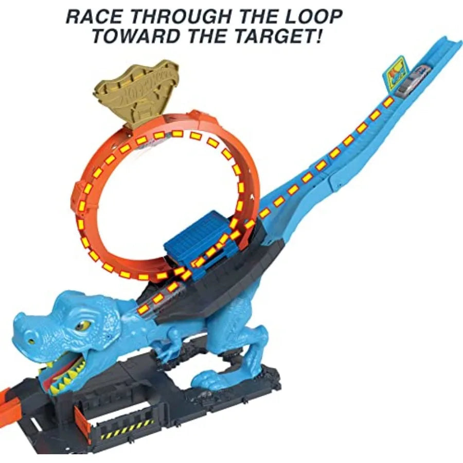 City Track Set with 1 Toy Car, Race Through a Giant Loop to Defeat a Big Dinosaur, T-Rex Loop Stunt and Race Playset