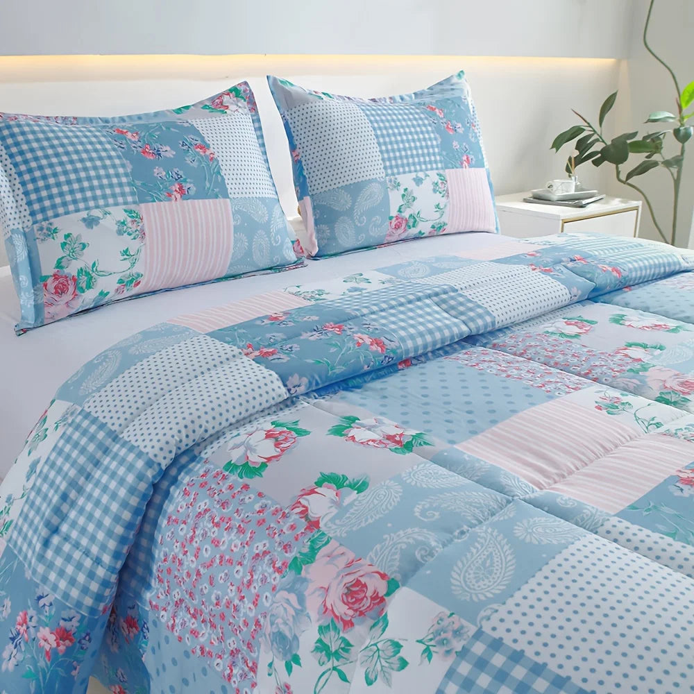 2/3pcs Luxury Comforter Set, Blue Checkered Floral Design, Lightweight Quilt Set For All Seasons, Super Soft Bedding Set For Deep Sleep, Includes 1 Comforter And 1 Or 2 Pillowcases, Bed In A Bag, Machine Washable, Perfect Gif