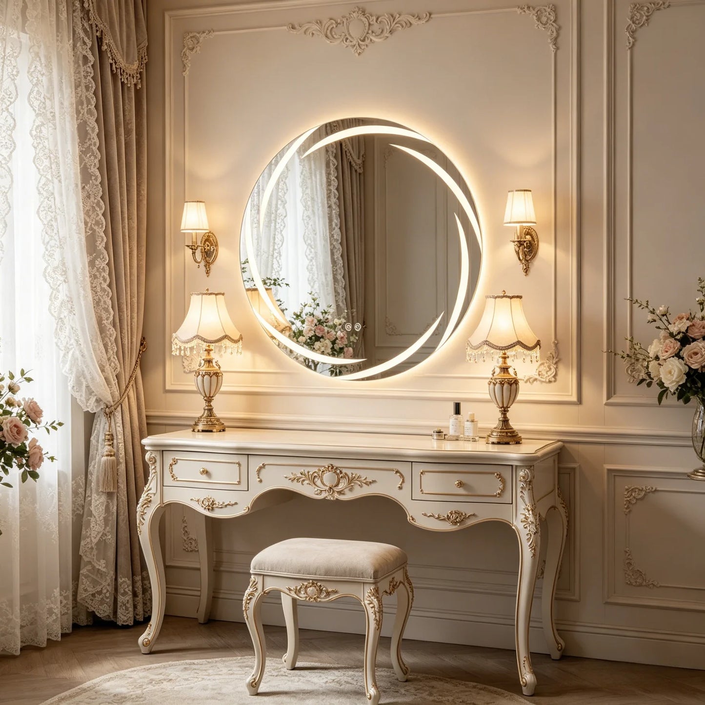 60/80CM LED Bathroom Mirror Circle Backlit HD Wall Antifog Vanity Mirror Shatterproof 3 Colors Lights Dimmable