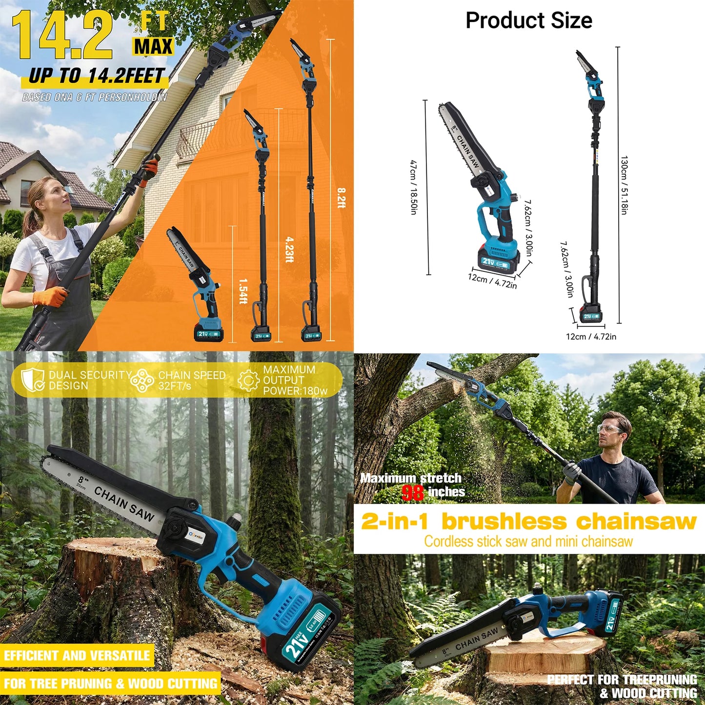XYSD 2-in-1Cordless Pole Saw&Mini Chainsaw,6"&8"Electric Tree Trimmer with Extension Pole, Handheld Chain Saw for Branch Cutting