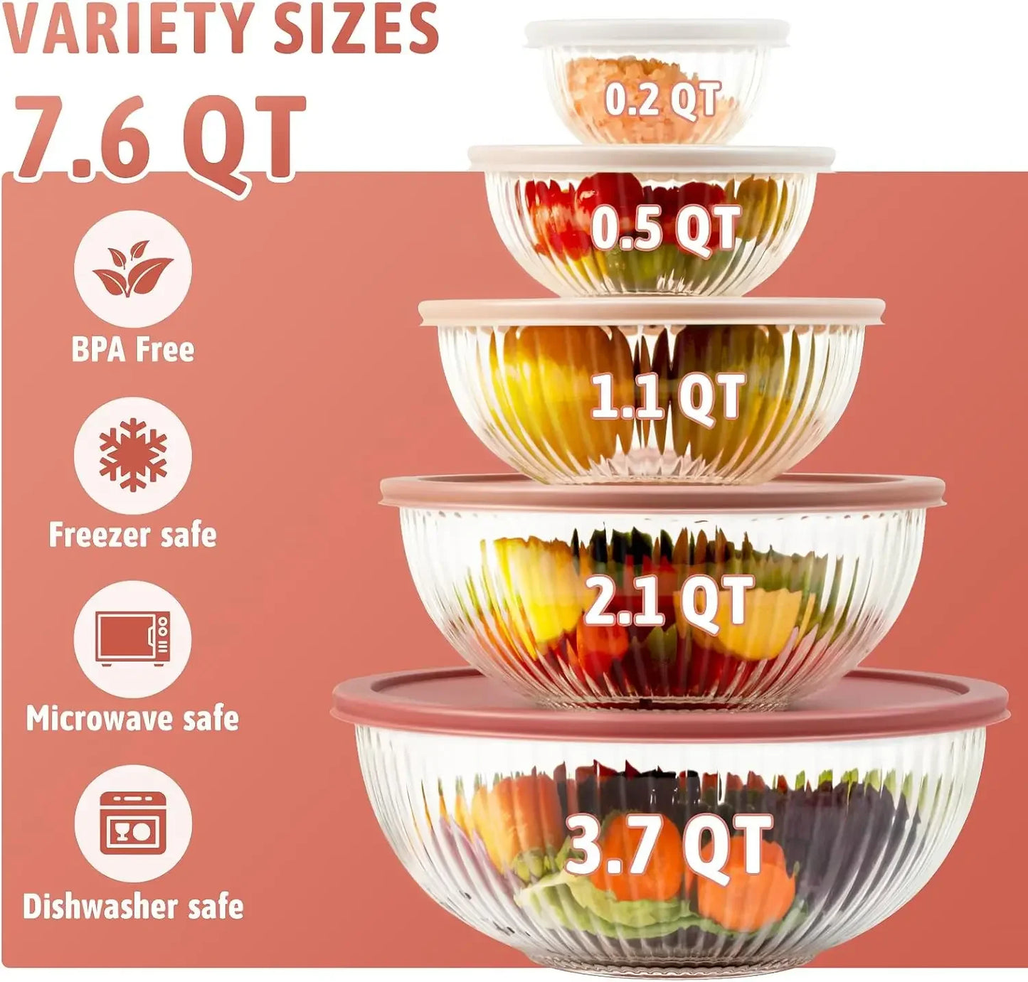 Glass Mixing Bowls with Lids Sets, 5 Packs Glass Bowls with Lids for Kitchen Baking, Meal Prepping and Salad, Bpa Free and Dishwasher Safe Serving Bowls, 0.2/0.5/1.1/2.1/3.7Qt