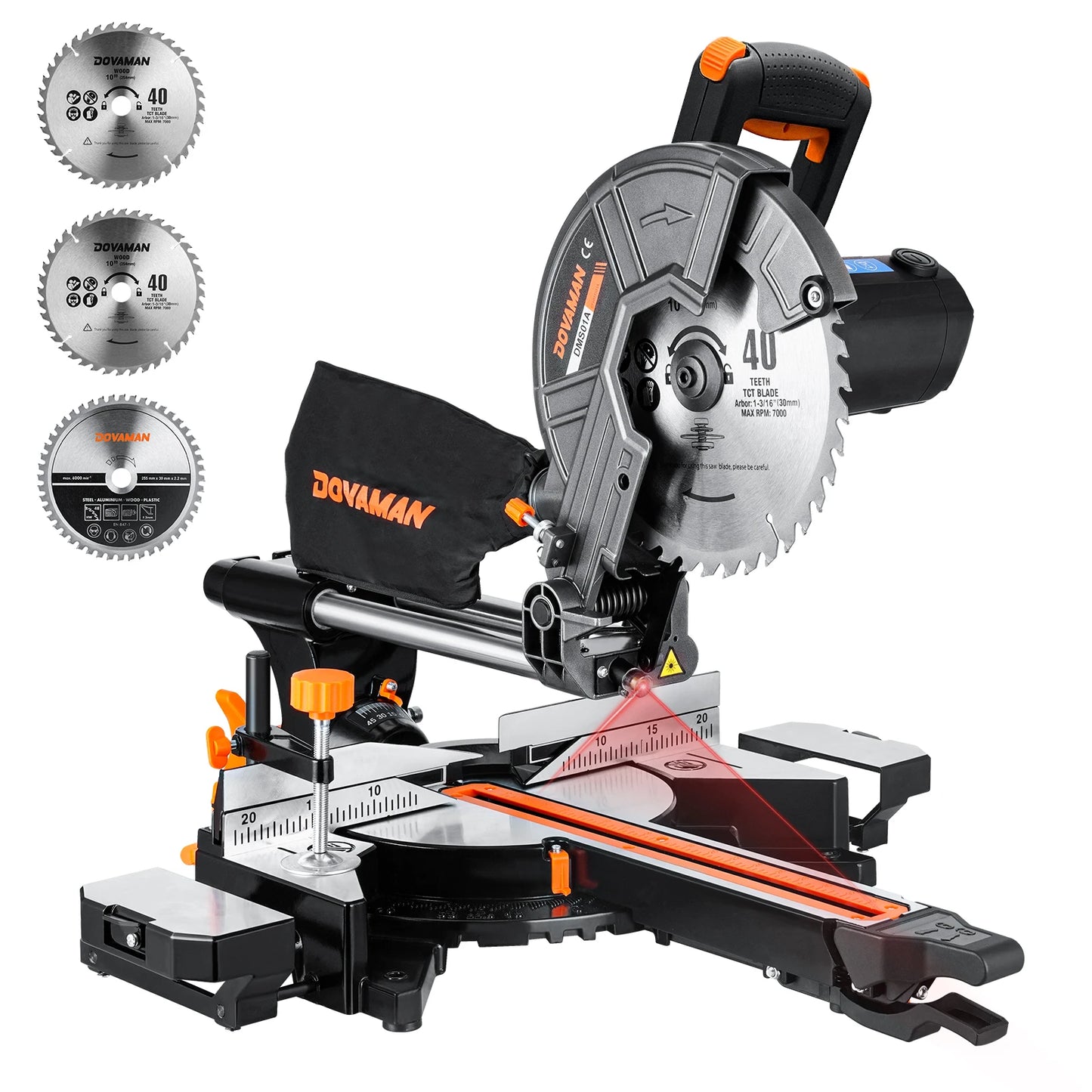 DOVAMAN 10" Sliding Miter Saw, Multi-Material Cutter with 3 TCT Blades, Dual Mode, 5000/3200RPM, Laser, 0-45° Bevel, 9 Stops