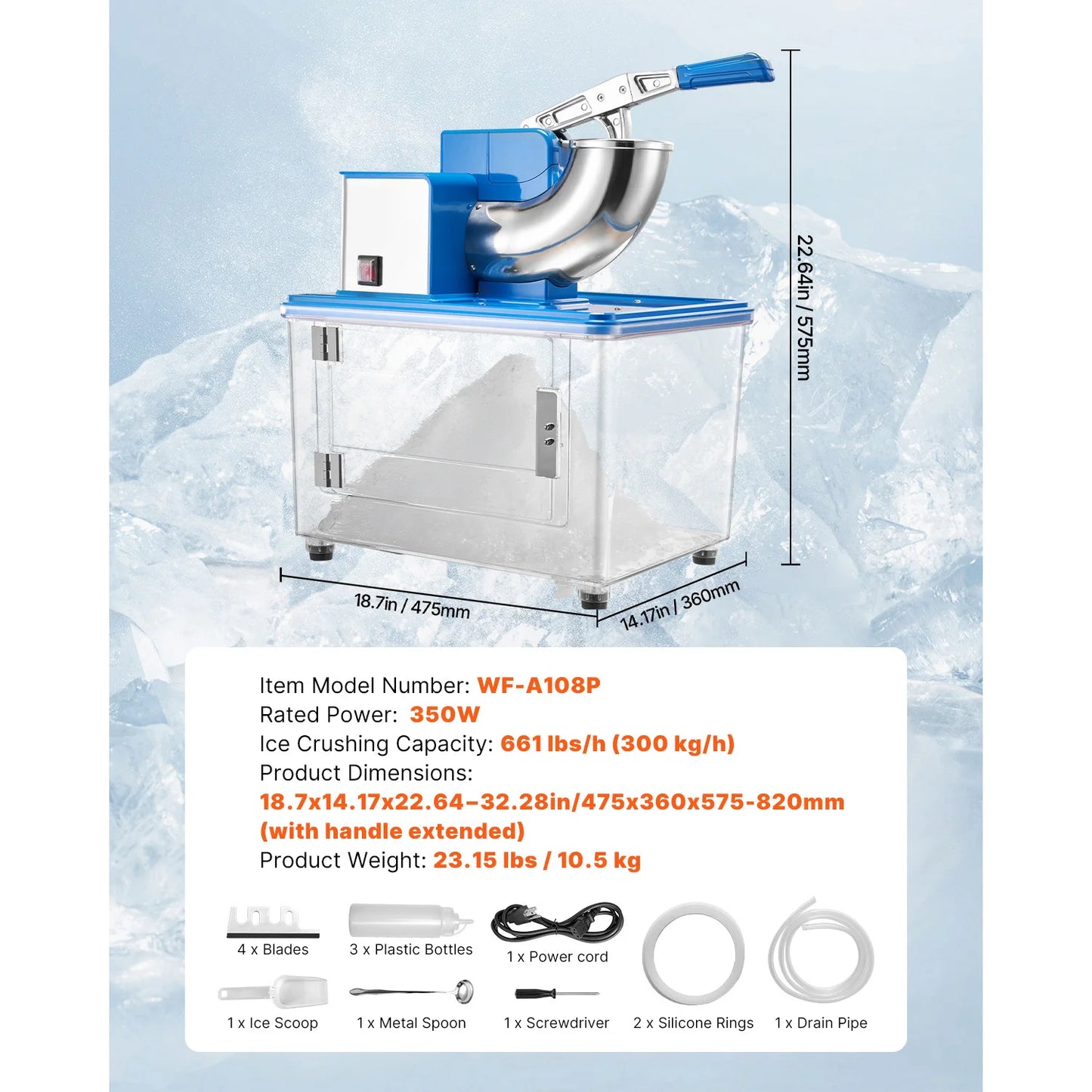 SucceBuy Commercial Ice Crusher 661LBS/H 350W Electric Snow Cone Machine Stainless Steel Shaved Ice Machine for Restaurants Bars