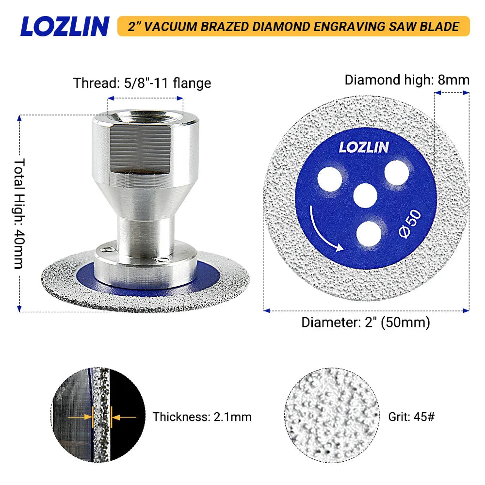 LOZLIN 3PCS 50mm Diamond Saw Blades 5/8-11 Detachable Flange for Granite Marble Ceramic Tile Glass Cutting Grinding Engraving Tool