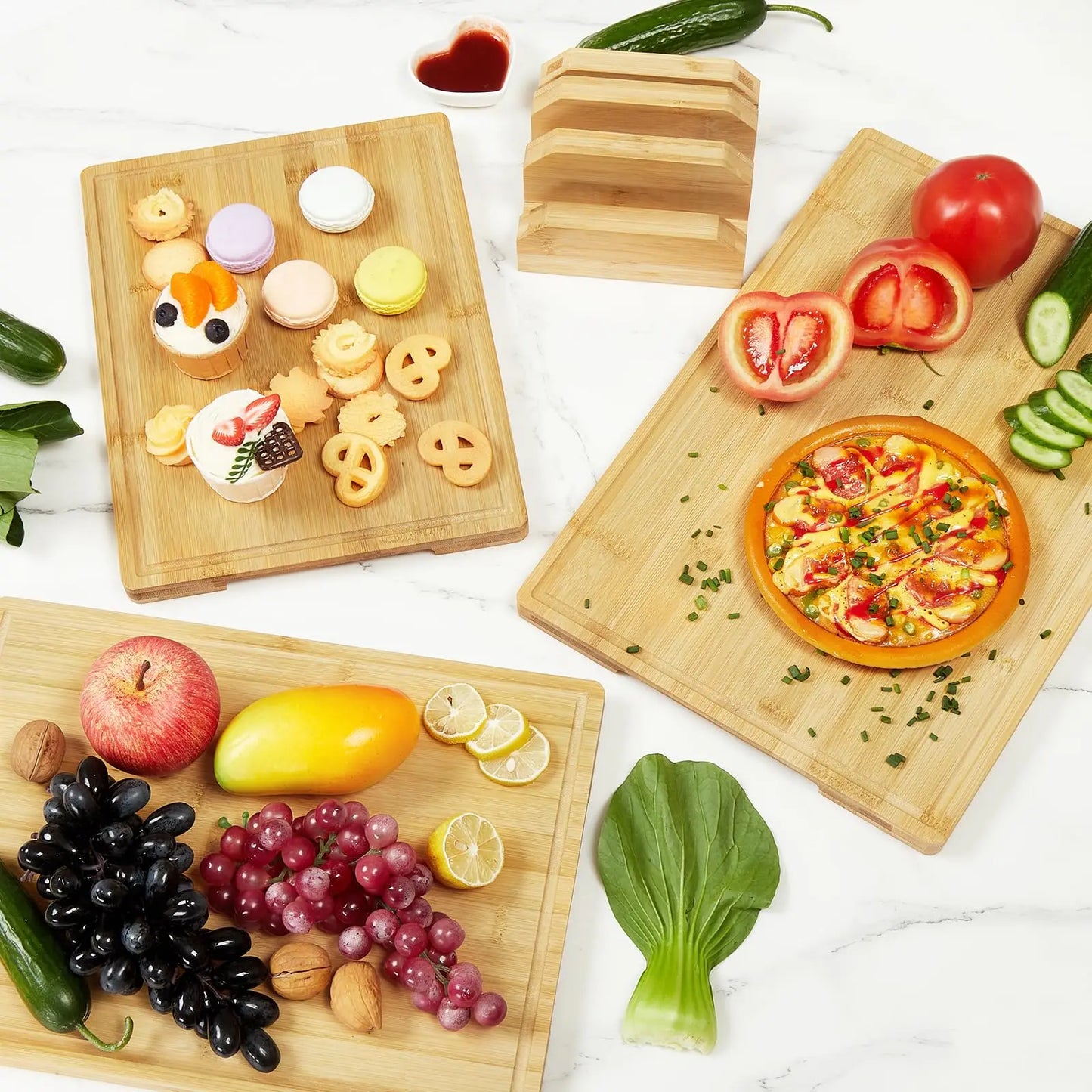 Bamboo Cutting Board Set of 3, Chopping Board Set with Holder, Kitchen Wood Cutting Board Set with Deep Juice Grooves and Inner Handles for Cheese, Meat, Vegetables