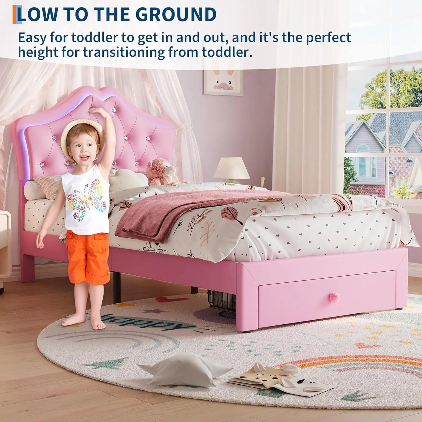 Twin XL Bed Frame With LED Headboard Storage Drawer Velvet Upholstered Platform Bed Crystal Button Noise Free No Box Spring