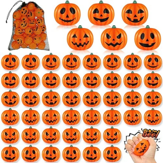 Halloween party favors: 2-inch pumpkin-shaped stress balls, foam material, orange color, soft squeeze relief for school carniva
