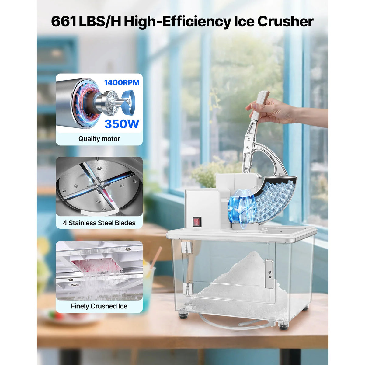 SucceBuy 661LBS/H Commercial Ice Crusher 350W Electric Snow Cone Machine with 4 Blades, 1400RPM Stainless Steel Shaved Ice Machine with 11 Gal Crushed-Ice Box, for Family Restaurants Bars