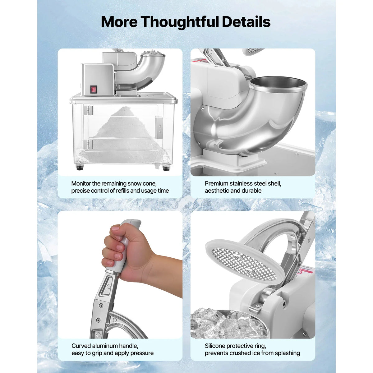 SucceBuy 661LBS/H Commercial Ice Crusher 350W Electric Snow Cone Machine with 4 Blades, 1400RPM Stainless Steel Shaved Ice Machine with 11 Gal Crushed-Ice Box, for Family Restaurants Bars
