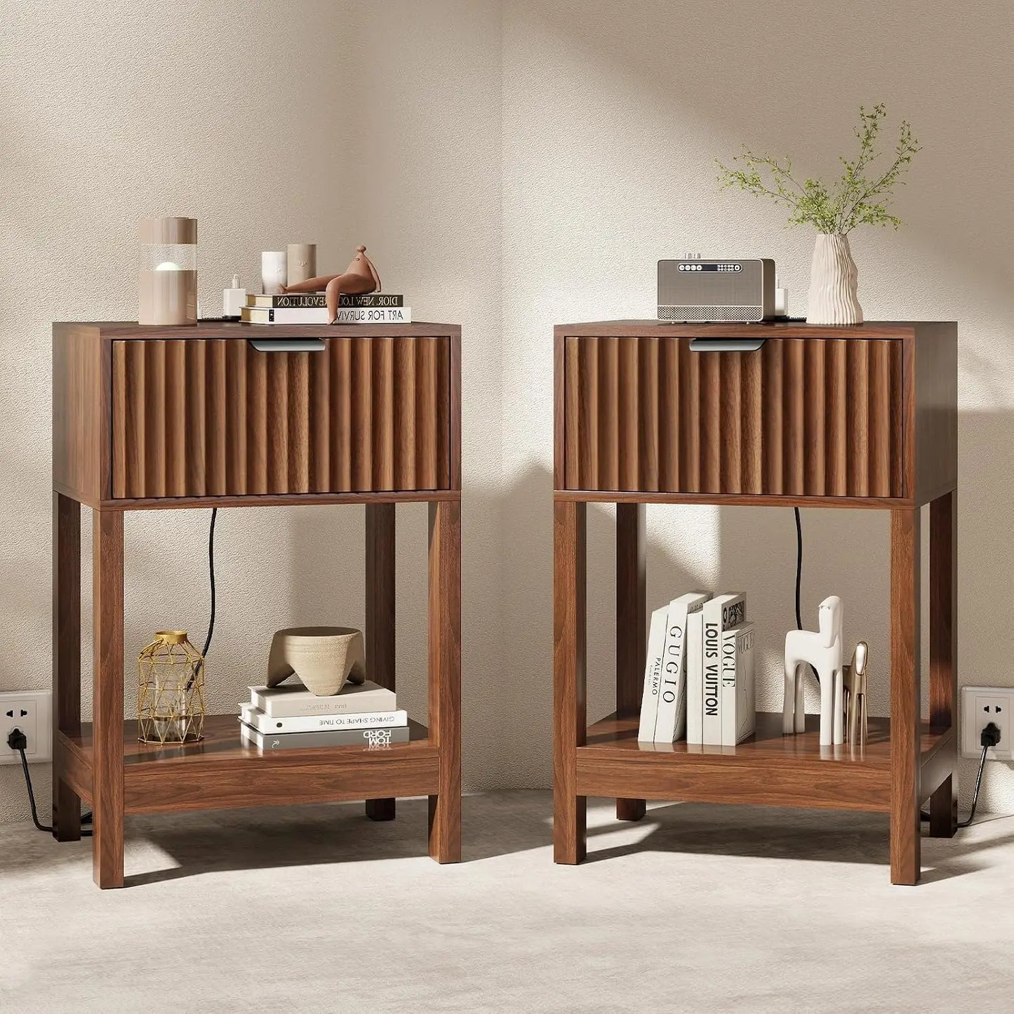 Fluted Nightstand Set 2 with Charging Station, Wood Bedside Table with Drawer & Shelf, Modern End Table for Bedroom, Walnut
