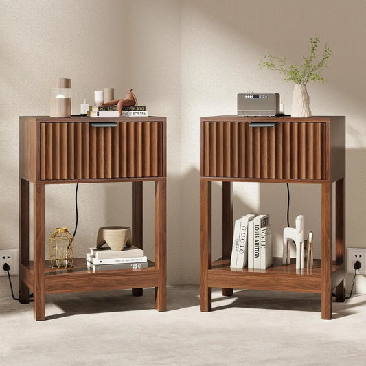 Fluted Nightstand Set 2 with Charging Station, Wood Bedside Table with Drawer & Shelf, Modern End Table for Bedroom, Walnut