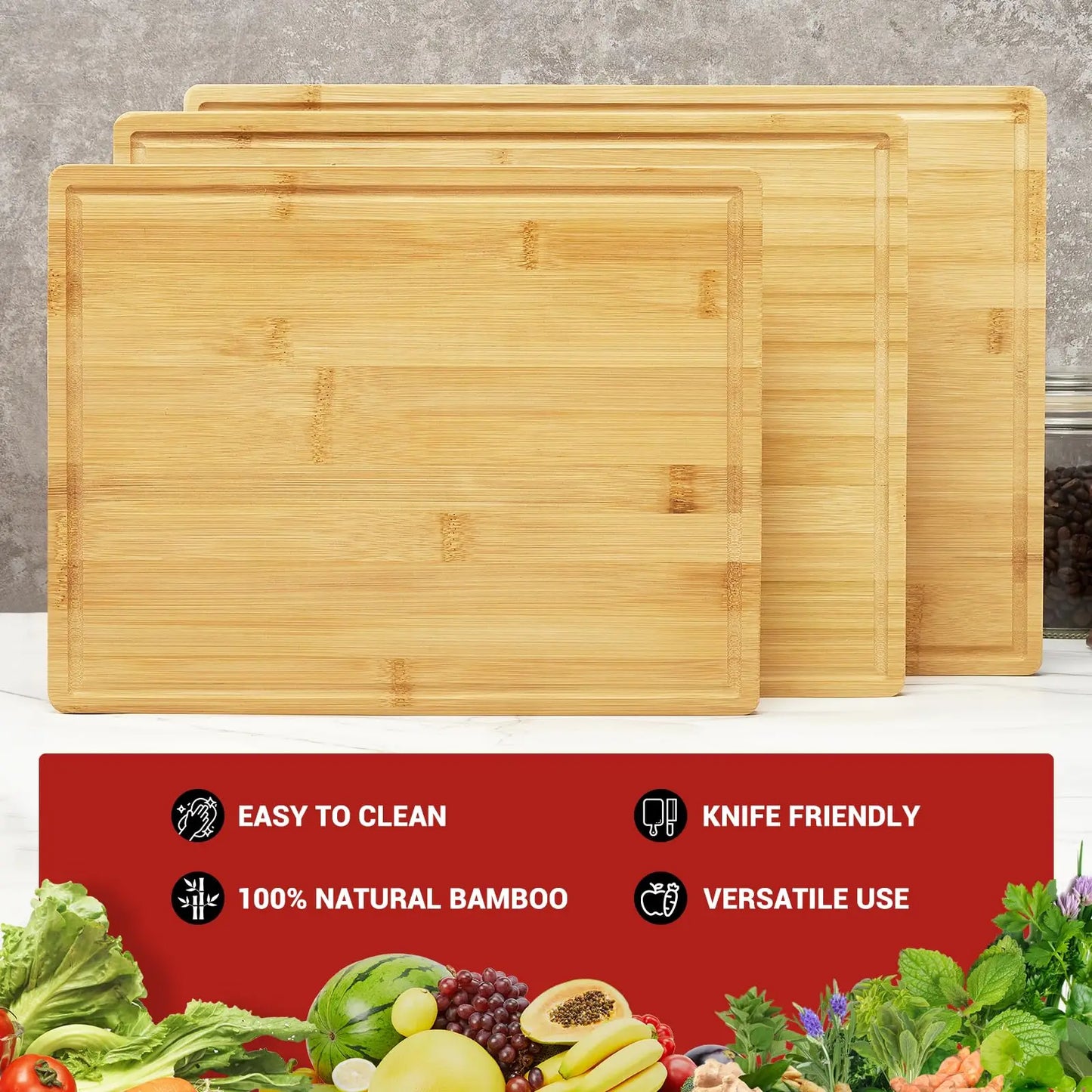 Bamboo Cutting Board Set of 3, Chopping Board Set with Holder, Kitchen Wood Cutting Board Set with Deep Juice Grooves and Inner Handles for Cheese, Meat, Vegetables