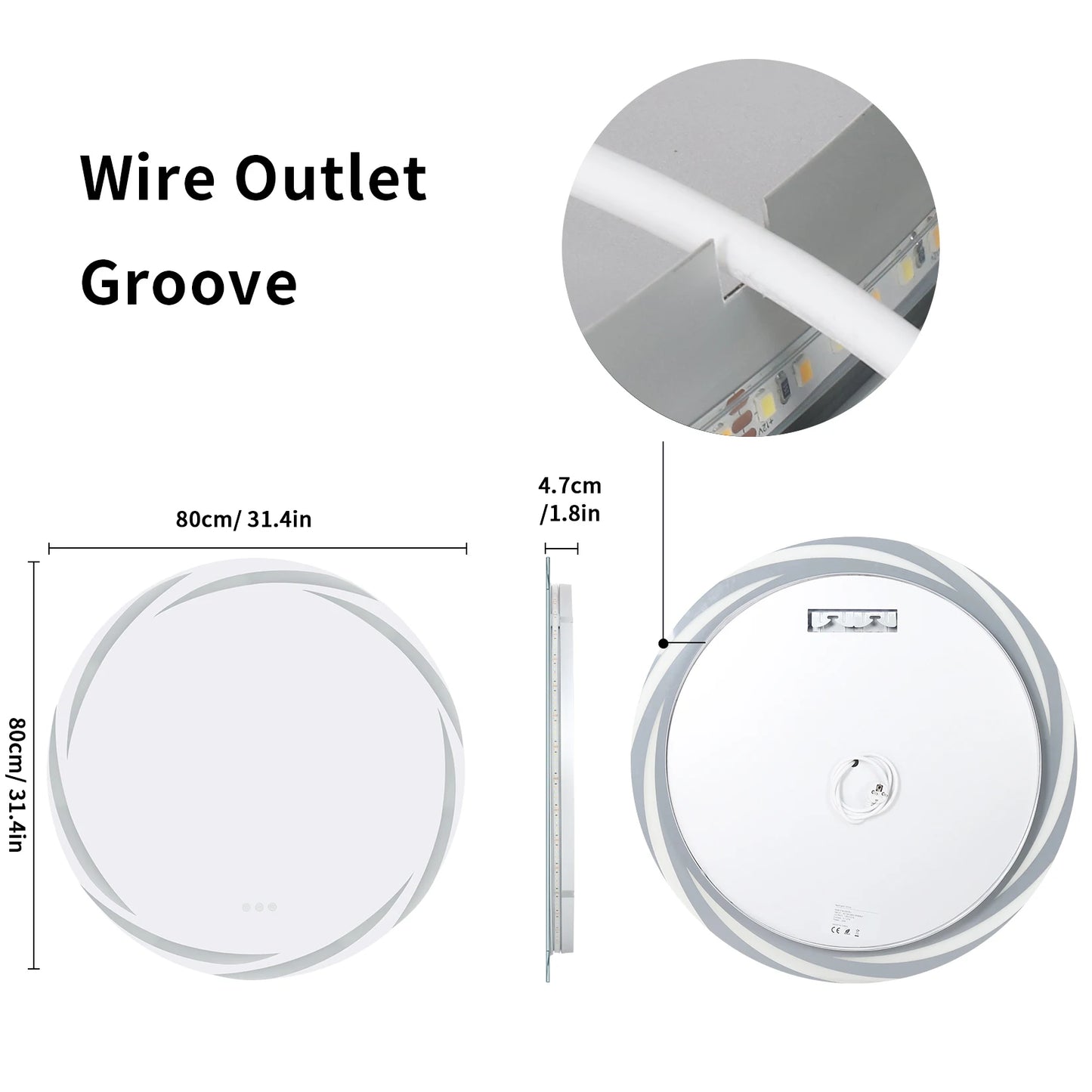60/80CM LED Bathroom Mirror Circle Backlit HD Wall Antifog Vanity Mirror Shatterproof 3 Colors Lights Dimmable