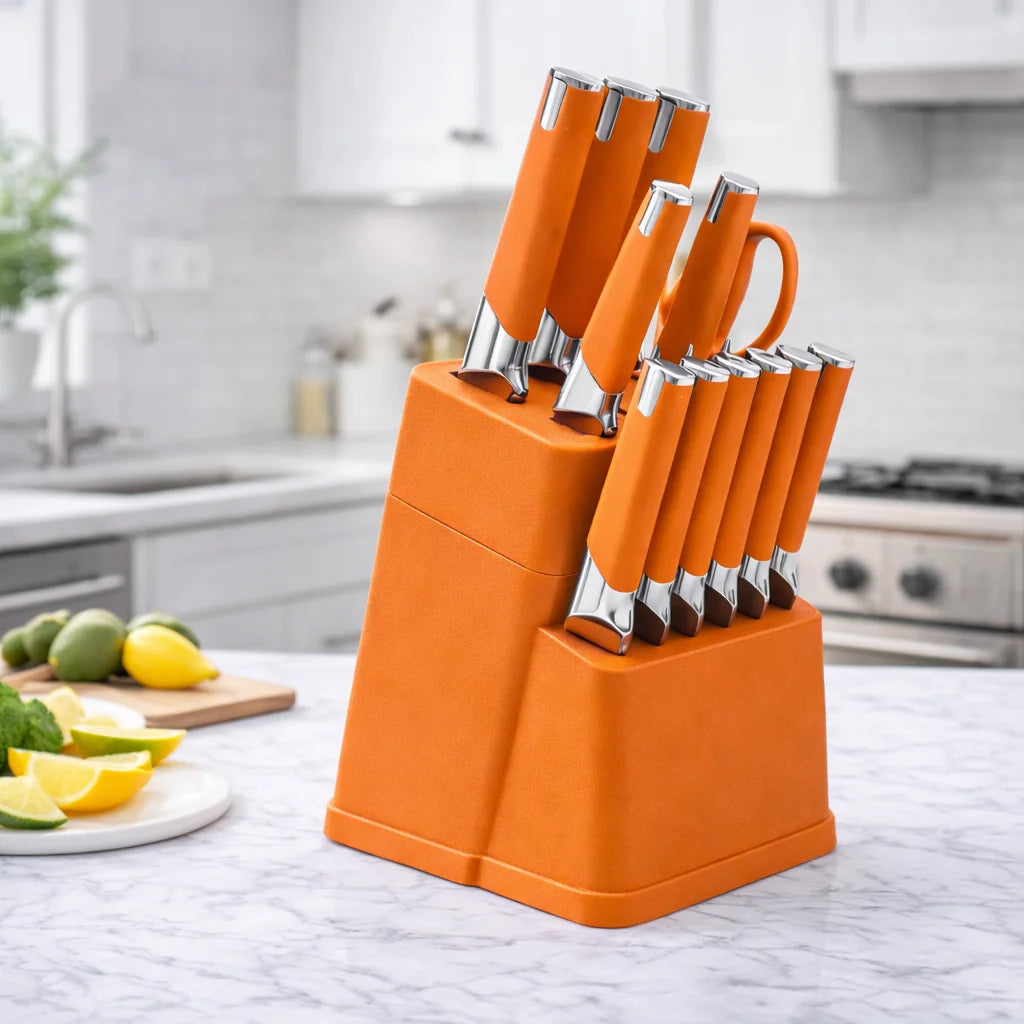 13Pcs Professional Kitchen Knife Block Set with 6 Steak Knives, High Carbon Stainless Steel Knives with Black Non-Stick Coating,