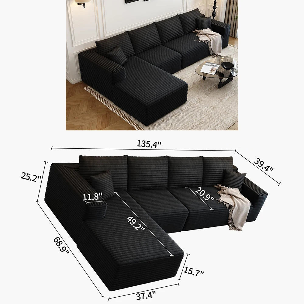 Cloud-style sectional sofa, with corduroy cover, fluffy memory foam cushions, easily assembled, modular recliner, large sofa set