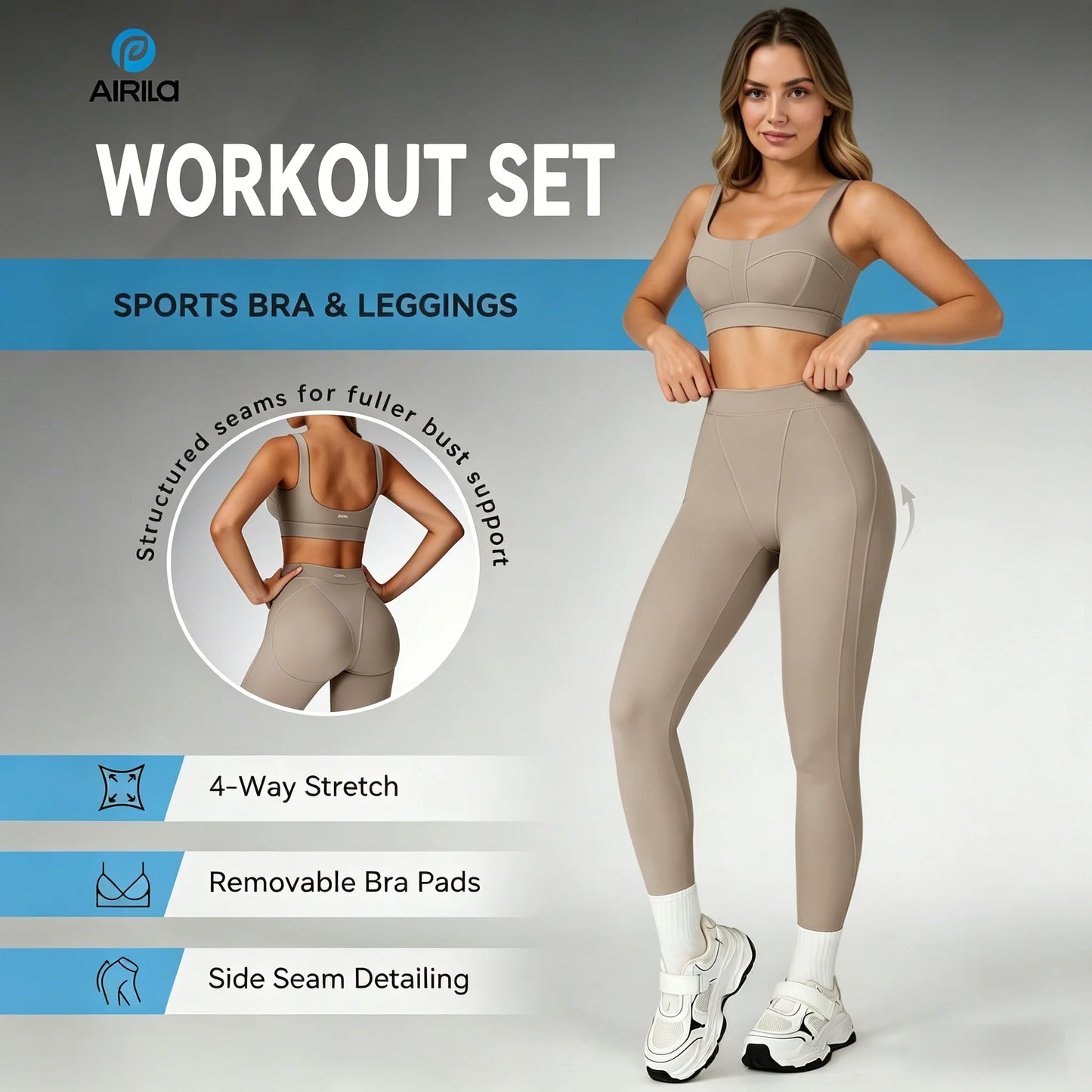 Airila 2-Piece Yoga Set Sports Bra and Leggings Pilates Gym High-Waisted Sports Casual Pants Butt-Lifting Running Shapewear Pants