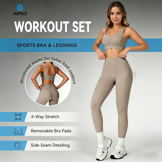 Airila 2-Piece Yoga Set Sports Bra and Leggings Pilates Gym High-Waisted Sports Casual Pants Butt-Lifting Running Shapewear Pants
