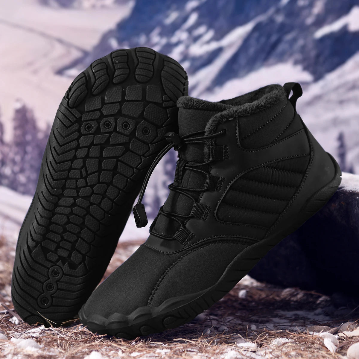 Unisex Winter Fleece Lined Barefoot Snow Boots Five Toe Wide Toe Box Quick Lock Laces Non Slip Warm Outdoor Hiking Trekking Minimalist Cold Weather Walking Casual Footwear