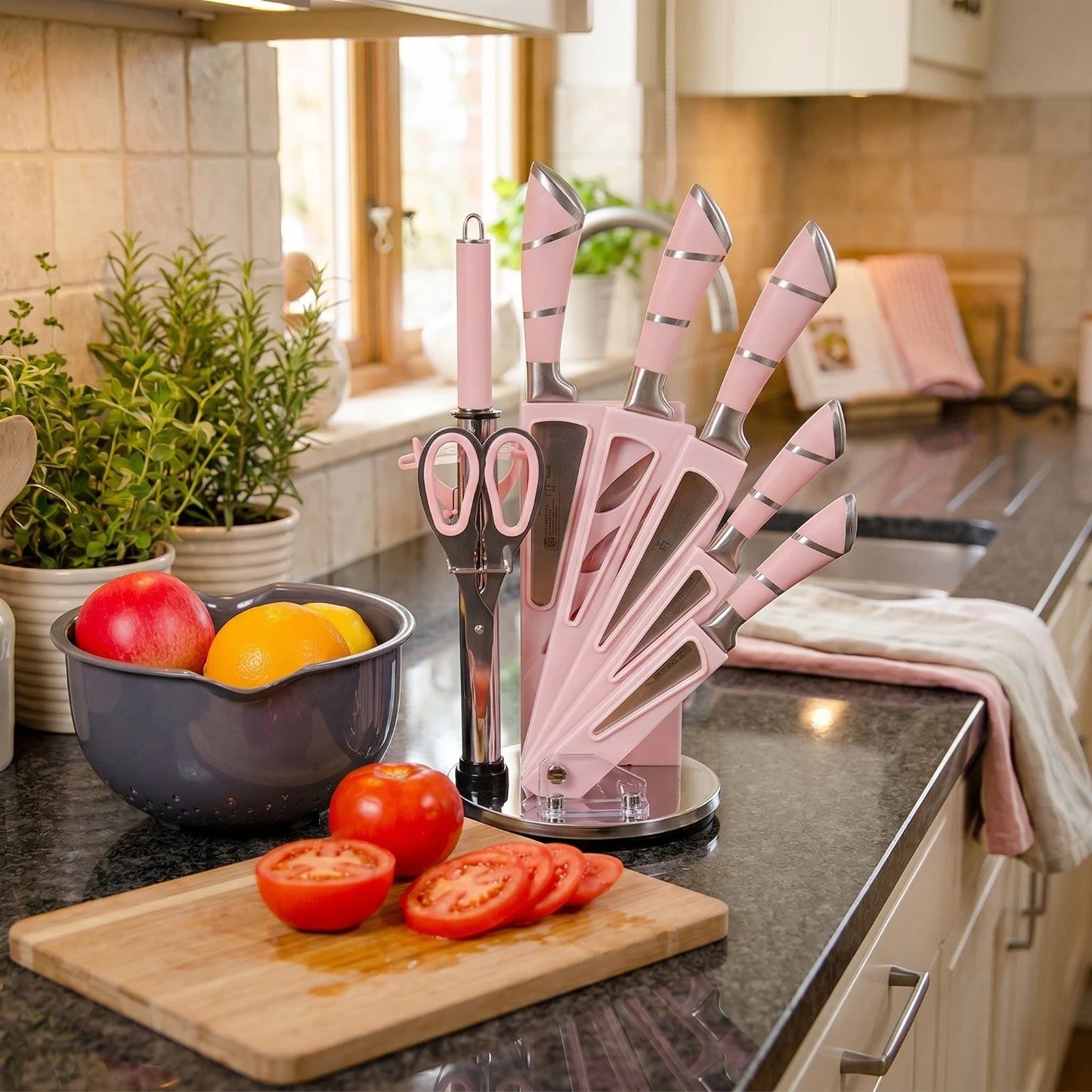 9 Pcs Pink Hollow Handle Stainless Steel Kitchen Knife Set with Rotatable Knife Block, Multipurpose Cooking Cutlery Kit Includes Chef Knife Cleaver Bread Knife Utility Paring Knife, Kitchen Scissors, Fruit Peeler and Sharpeni
