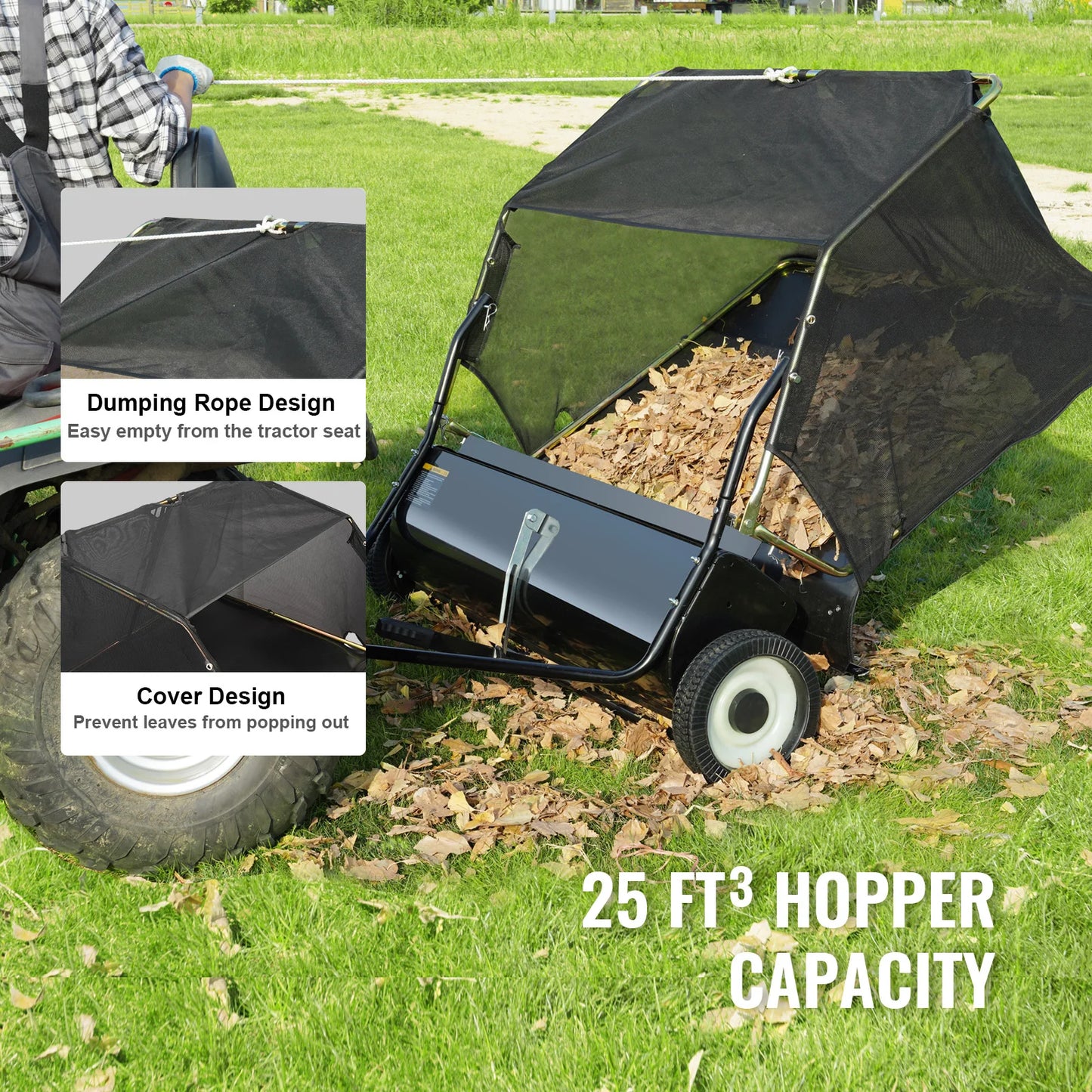 SucceBuy Tow Behind Lawn 21/26/44/50in Sweeper Large Capacity Heavy Duty Leaf & Grass Collector with Adjustable Sweeping Lawn