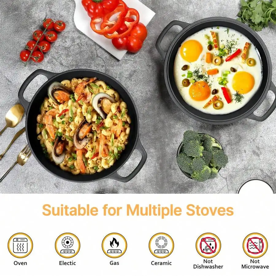 2-In-1 Pre-Seasoned Cast Iron Dutch Oven Pot With Skillet Lid Cooking Pan, Cast Iron Skillet Cookware Pan Set With Dual Handles Indoor Outdoor For Bread, Frying, Baking, Camping, BBQ, 5QT