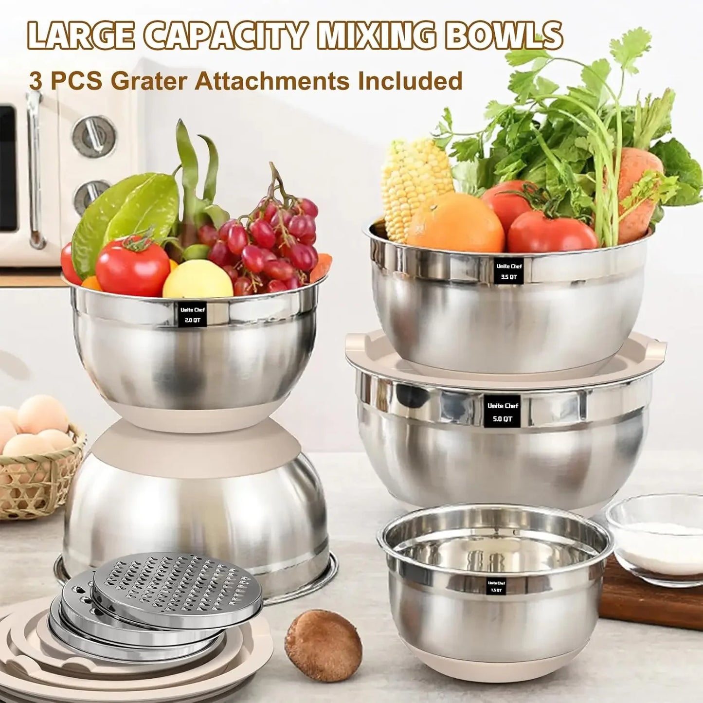 Mixing Bowls with Airtight Lids Set, 8PCS Stainless Steel Nesting Bowls with Grater Attachments, Non-Slip Bottoms, 5, 4, 3.5, 2, 1.5QT for Mixing & Serving