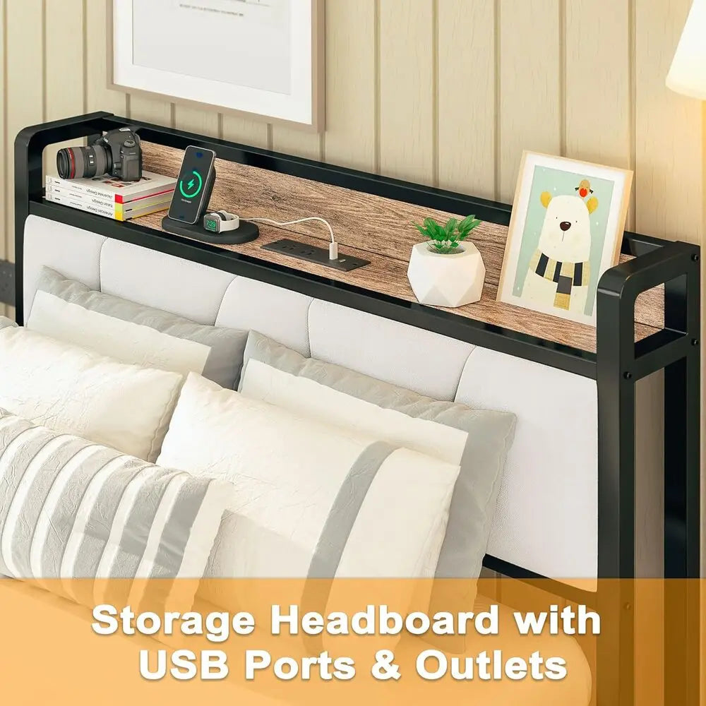 LIKIMIO Twin Bed Frames,Storage Headboard with Charging Station,Solid and Stable, Noise Free, Easy Assembly,No Box Spring Needed