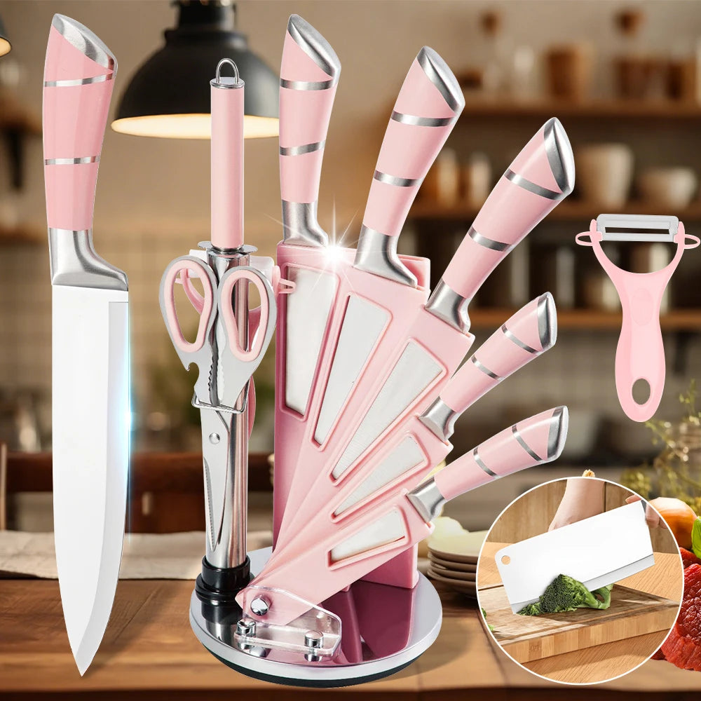 9 Pcs Pink Hollow Handle Stainless Steel Kitchen Knife Set with Rotatable Knife Block, Multipurpose Cooking Cutlery Kit Includes Chef Knife Cleaver Bread Knife Utility Paring Knife, Kitchen Scissors, Fruit Peeler and Sharpeni