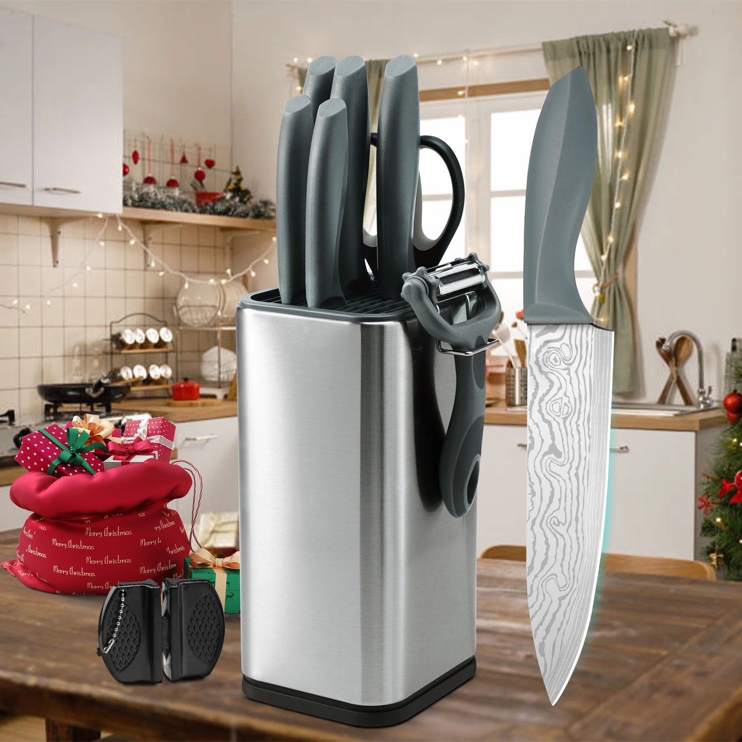 10Pcs Damascus Pattern Stainless Steel Kitchen Knife Set with Stainless Steel Universal Knife Block Peeler Scissors Knife Sharpener Household Chef Paring Cooking Cutlery Kit