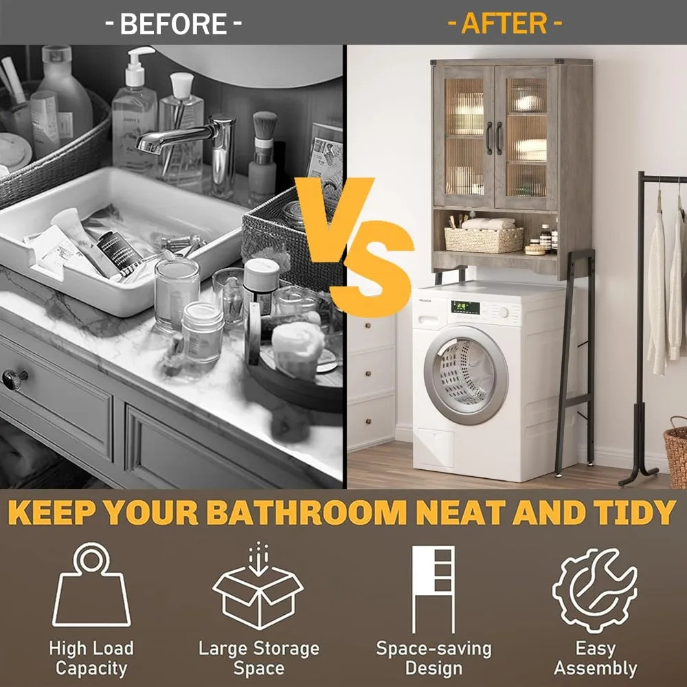 Bathroom Space-Saving Organizer: Metal Stand Over-the-Toilet Storage Cabinet with Tempered Glass Doors and Adjustable Shelves