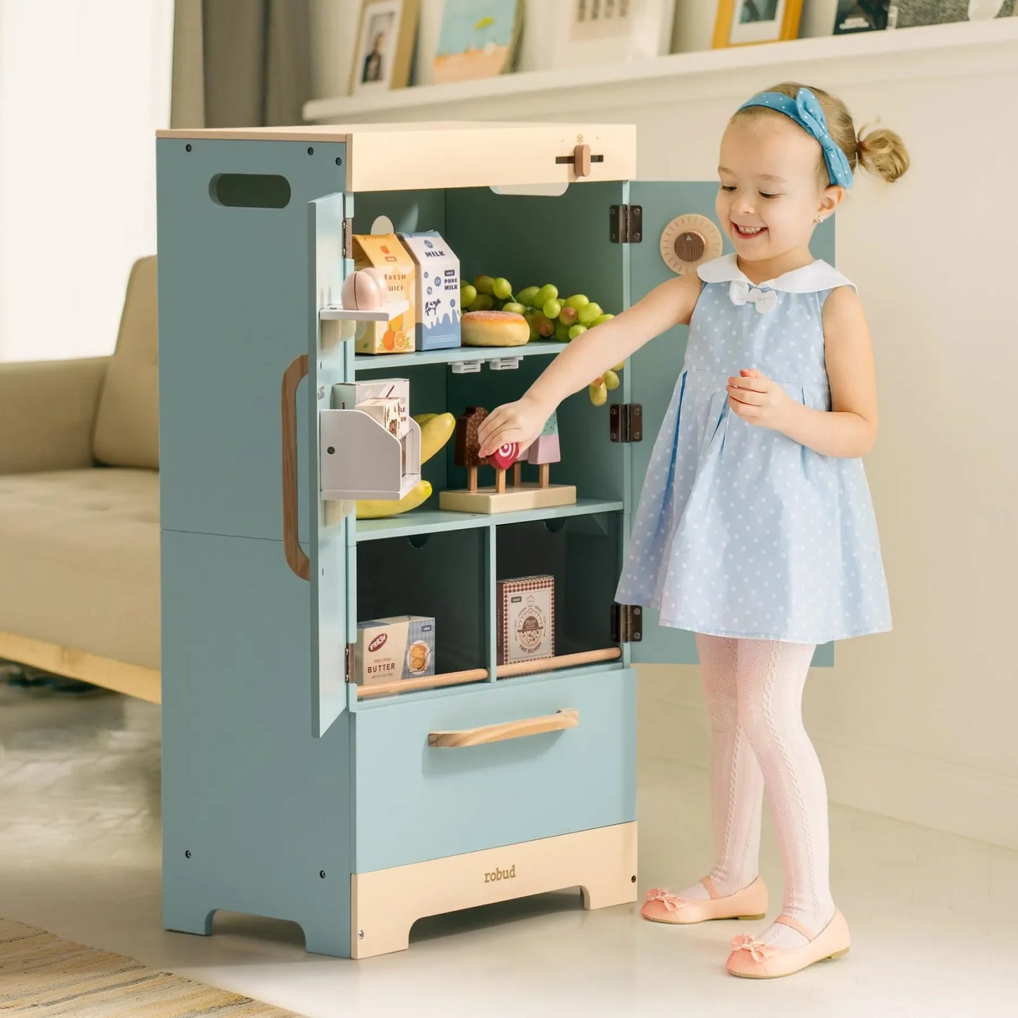 Robotime Robud Kitchen Washer Playset Play Kitchen Fridge Refrigerator Play Toy Oven Wooden Kitchen Playset for Kids Age 3+Blue