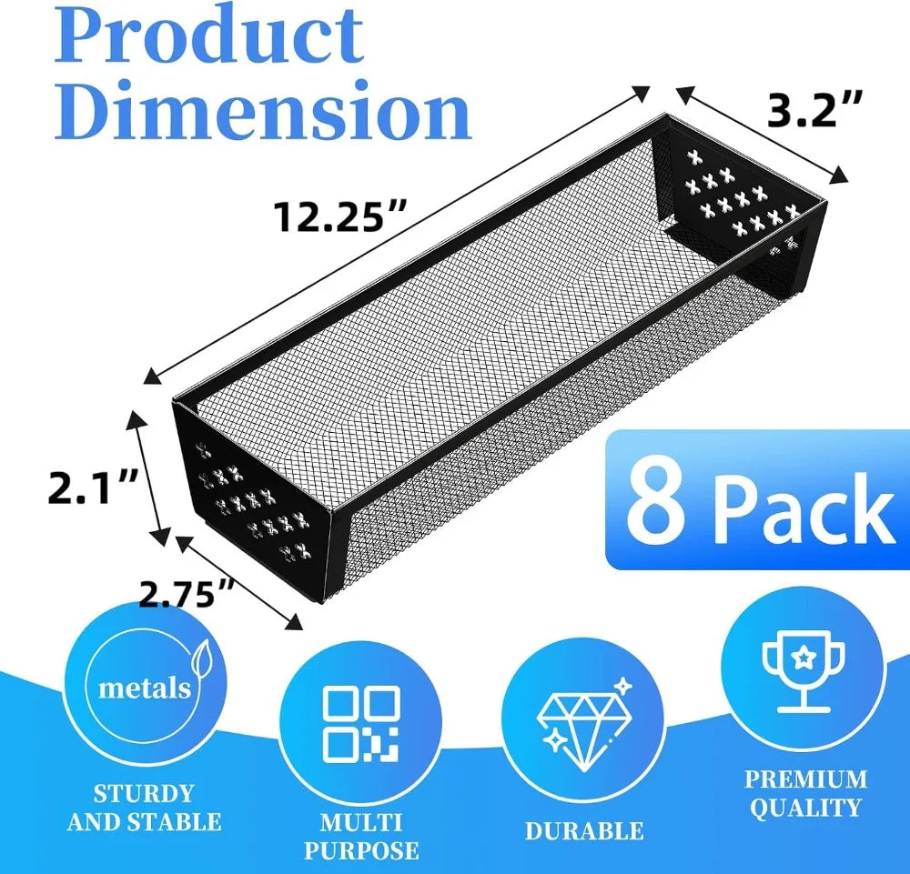 8-Pack Silverware Drawer Organizer, Utensil Holder for Kitchen, Metal Cutlery Tray, Black, 12.2x3.2x2.1 Inches