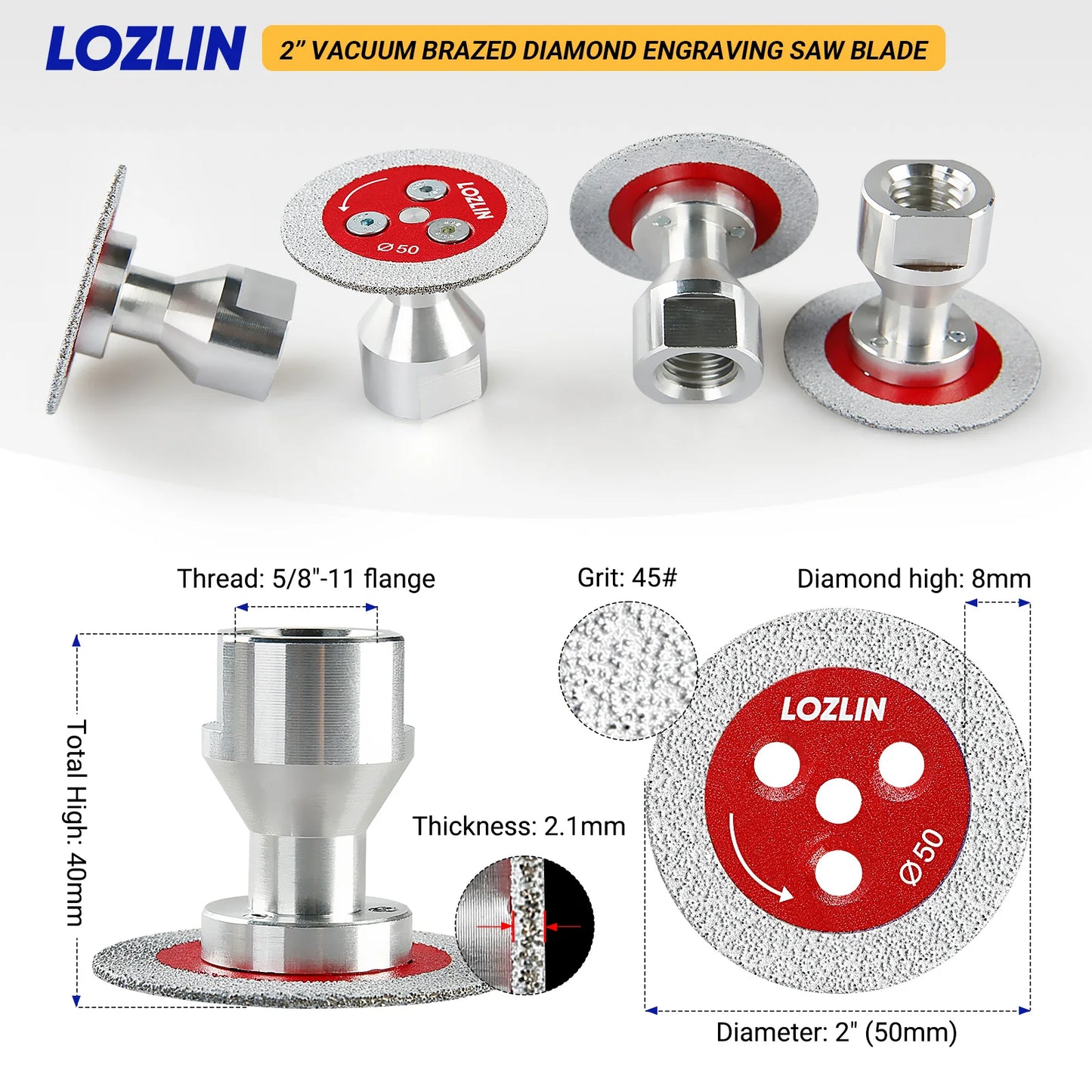LOZLIN 50mm Diamond Mini Saw Blade with Thread Vacuum Brazed Cutting Disc for Granite Sandstone Concrete Stone Carving Lettering Engraving Grinding Tool, 5/8-11 Thread Stone Cutting Wheel for Angle Grinder
