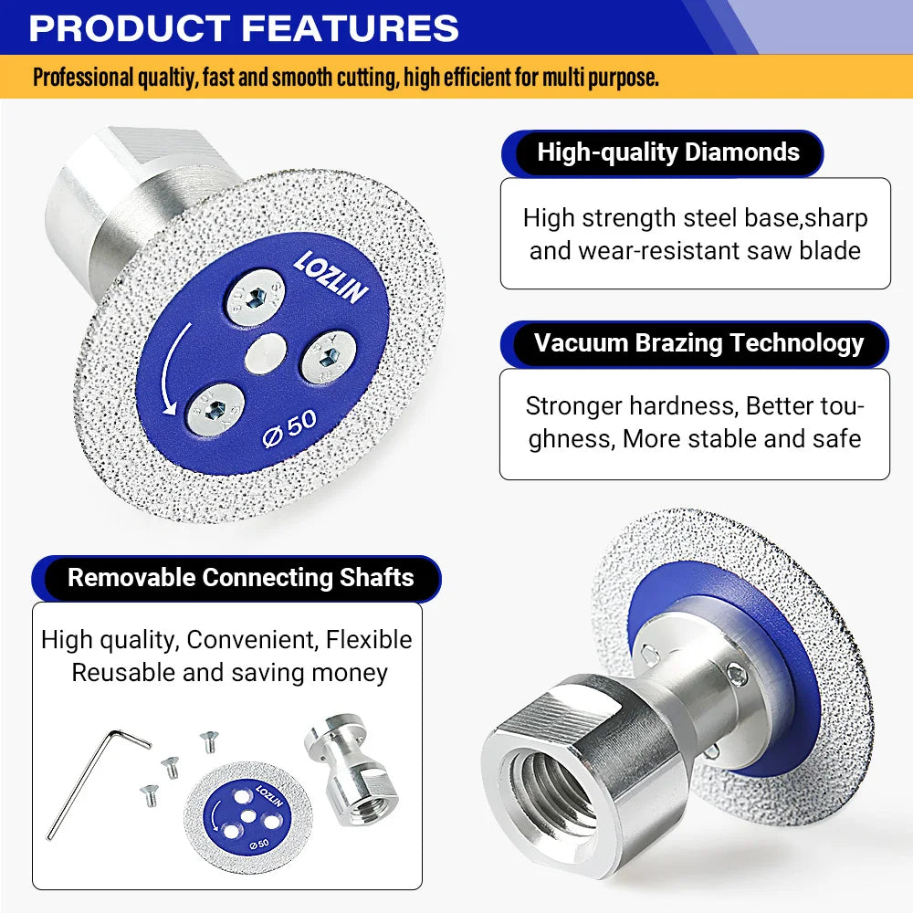 LOZLIN 3PCS 50mm Diamond Saw Blades 5/8-11 Detachable Flange for Granite Marble Ceramic Tile Glass Cutting Grinding Engraving Tool