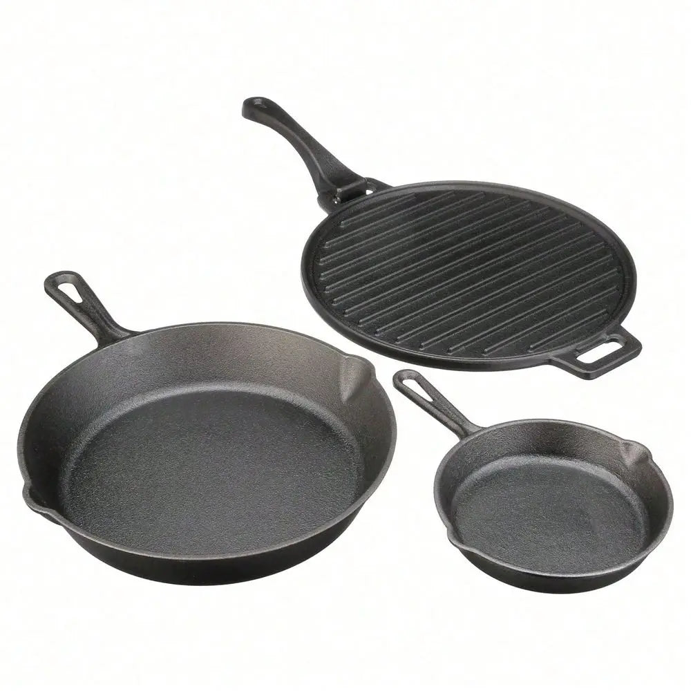 4-Piece Cast Iron Skillet Set With Handles And Griddle, Pre-Seasoned, 6", 10.5", 11"