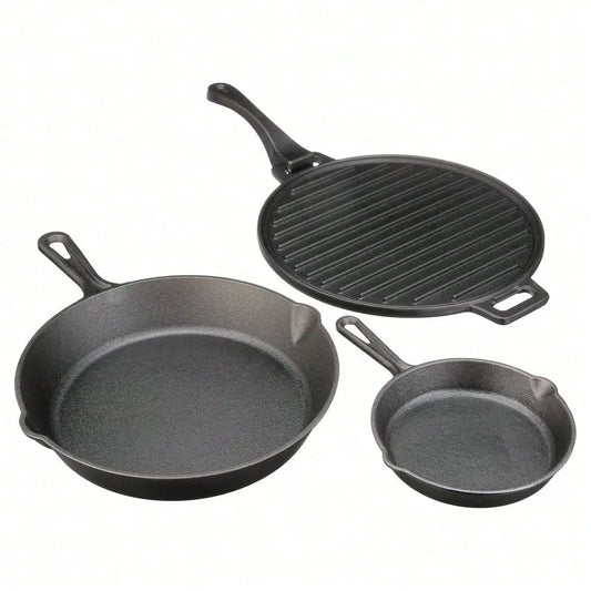 4-Piece Cast Iron Skillet Set With Handles And Griddle, Pre-Seasoned, 6", 10.5", 11"