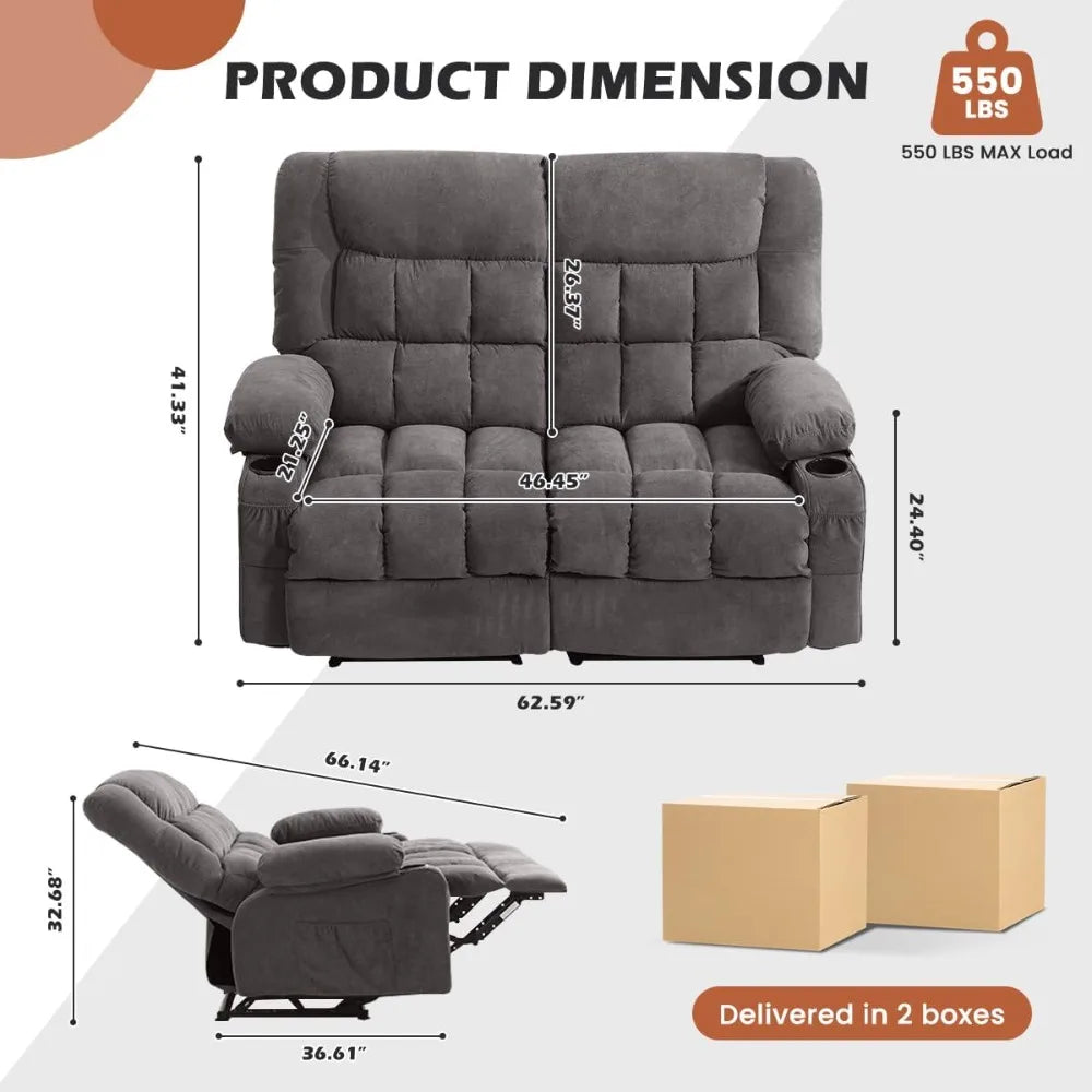 Recliner Loveseat with Cup Holders for Living Room Love Seat Manual Oversized Recliner with Ergonomic, Side Pocket for Adult